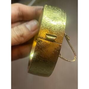 Vintage MONET Gold Florentine Hinged Bangle Bracelet Wide Cuff Safety Chain